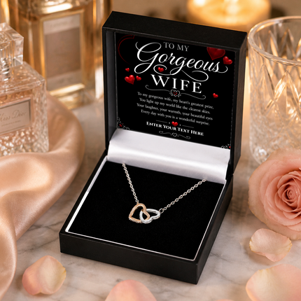To My Gorgeous Wife Personalised Interlocking Hearts Necklace In Keepsake Box