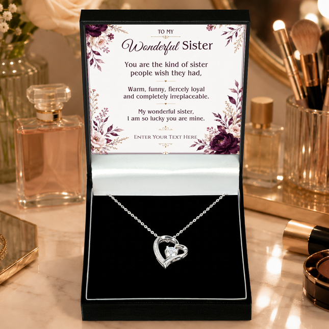 To My Wonderful Sister Personalised Eternal Heart Necklace In Keepsake Box