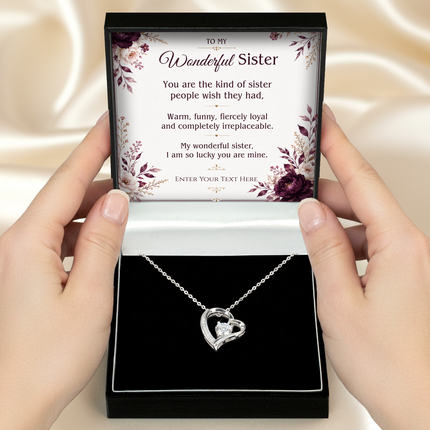 To My Wonderful Sister Personalised Eternal Heart Necklace In Keepsake Box