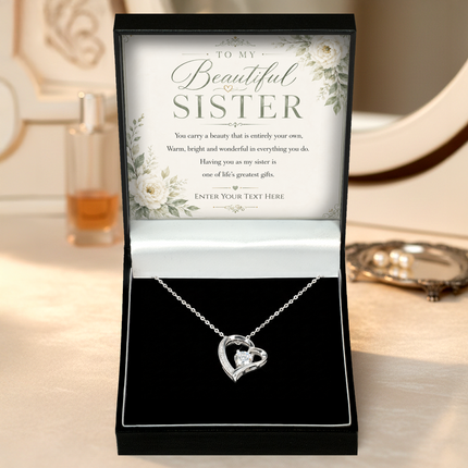 To My Beautiful Sister Personalised Eternal Heart Necklace In Keepsake Box