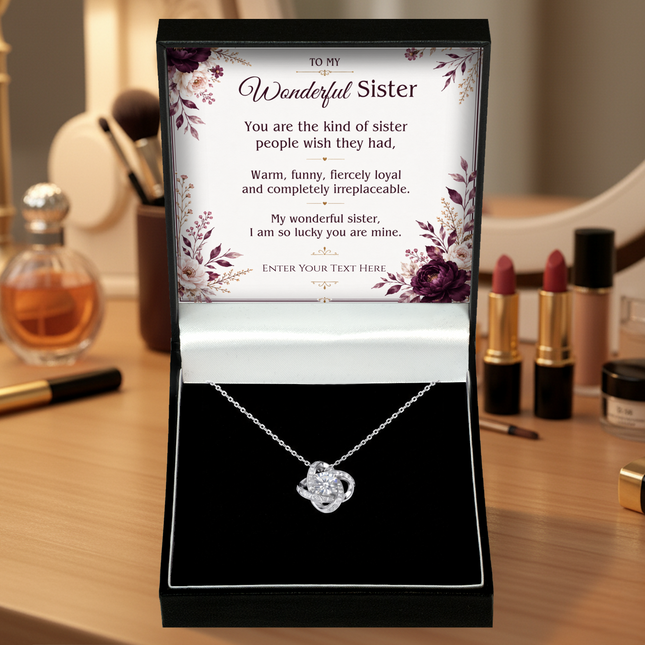 To My Wonderful Sister Personalised Love Knot Necklace In Keepsake Box