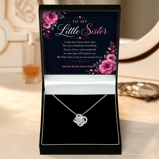 To My Little Sister Personalised Love Knot Necklace In Keepsake Box
