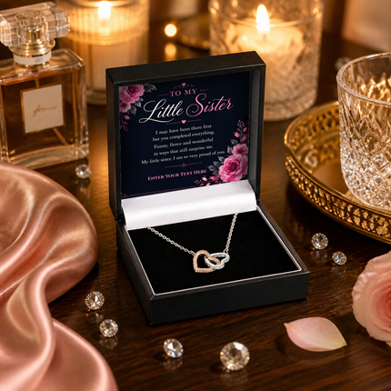 To My Little Sister Personalised Love Interlocking Hearts Necklace In Keepsake Box