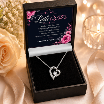 To My Little Sister Personalised Eternal Heart Necklace In Keepsake Box