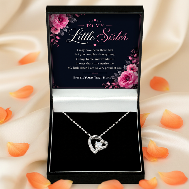 To My Little Sister Personalised Eternal Heart Necklace In Keepsake Box