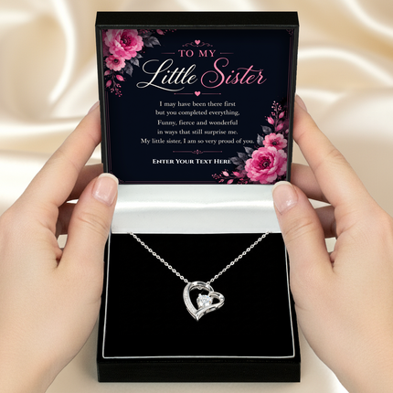 To My Little Sister Personalised Eternal Heart Necklace In Keepsake Box