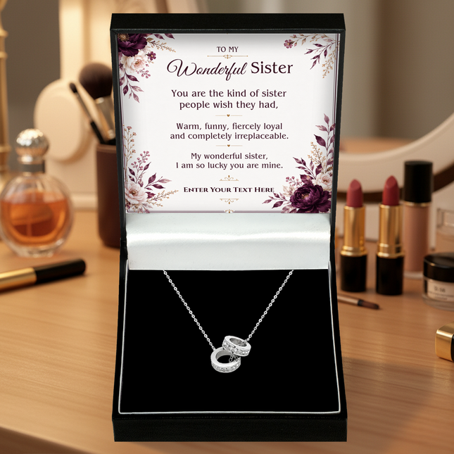 To My Wonderful Sister Personalised Trinity Ring Necklace In Keepsake Box