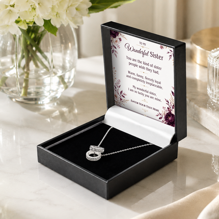 To My Wonderful Sister Personalised Trinity Ring Necklace In Keepsake Box