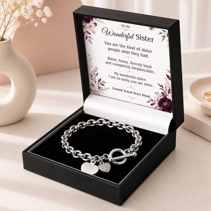 To My Wonderful Sister Personalised Unity Heart Bracelet In Keepsake Box