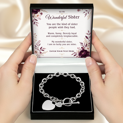 To My Wonderful Sister Personalised Unity Heart Bracelet In Keepsake Box