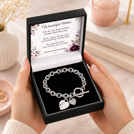 To My Wonderful Sister Personalised Unity Heart Bracelet In Keepsake Box