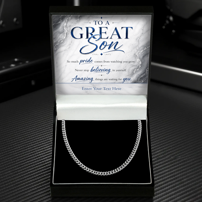 To A Great Son Stainless Steel Cuban Chain Necklace With Personalised Keepsake Box