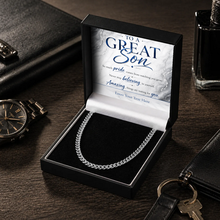 To A Great Son Stainless Steel Cuban Chain Necklace With Personalised Keepsake Box