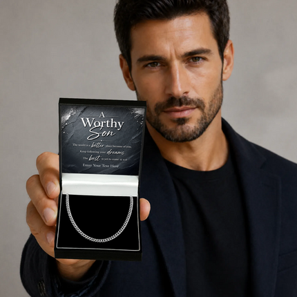 A Worthy Son Stainless Steel Cuban Chain Necklace With Personalised Keepsake Box