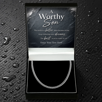A Worthy Son Stainless Steel Cuban Chain Necklace With Personalised Keepsake Box
