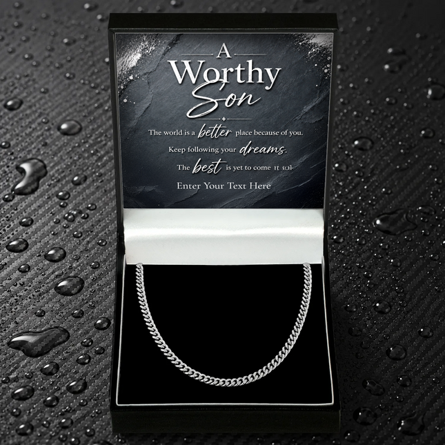 A Worthy Son Stainless Steel Cuban Chain Necklace With Personalised Keepsake Box