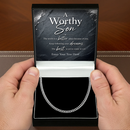 A Worthy Son Stainless Steel Cuban Chain Necklace With Personalised Keepsake Box
