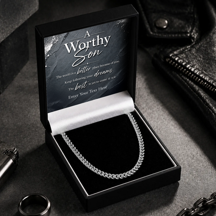 A Worthy Son Stainless Steel Cuban Chain Necklace With Personalised Keepsake Box