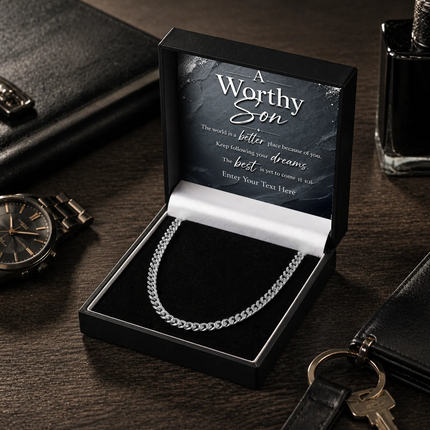 A Worthy Son Stainless Steel Cuban Chain Necklace With Personalised Keepsake Box