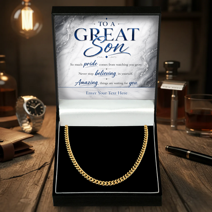 To A Great Son 18k Gold Plated Cuban Chain Necklace With Personalised Keepsake Box