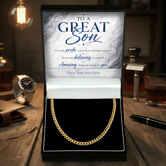 To A Great Son 18k Gold Plated Cuban Chain Necklace With Personalised Keepsake Box