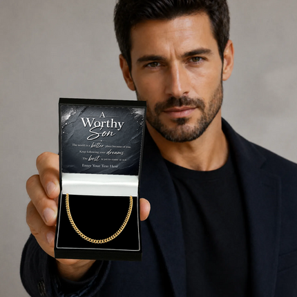 A Worthy Son 18k Gold Plated Cuban Chain Necklace With Personalised Keepsake Box
