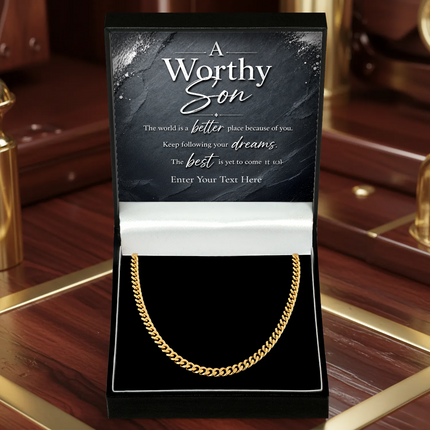 A Worthy Son 18k Gold Plated Cuban Chain Necklace With Personalised Keepsake Box