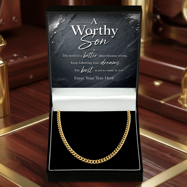 A Worthy Son 18k Gold Plated Cuban Chain Necklace With Personalised Keepsake Box