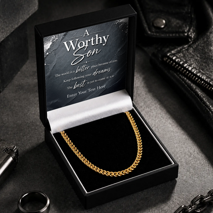 A Worthy Son 18k Gold Plated Cuban Chain Necklace With Personalised Keepsake Box