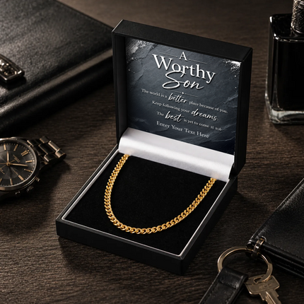A Worthy Son 18k Gold Plated Cuban Chain Necklace With Personalised Keepsake Box