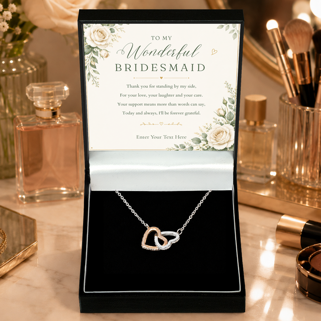 To My Wonderful Bridesmaid Personalised Interlocking Hearts Necklace In Keepsake Box