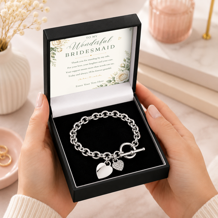 To My Wonderful Bridesmaid Personalised Unity Heart Bracelet In Keepsake Box