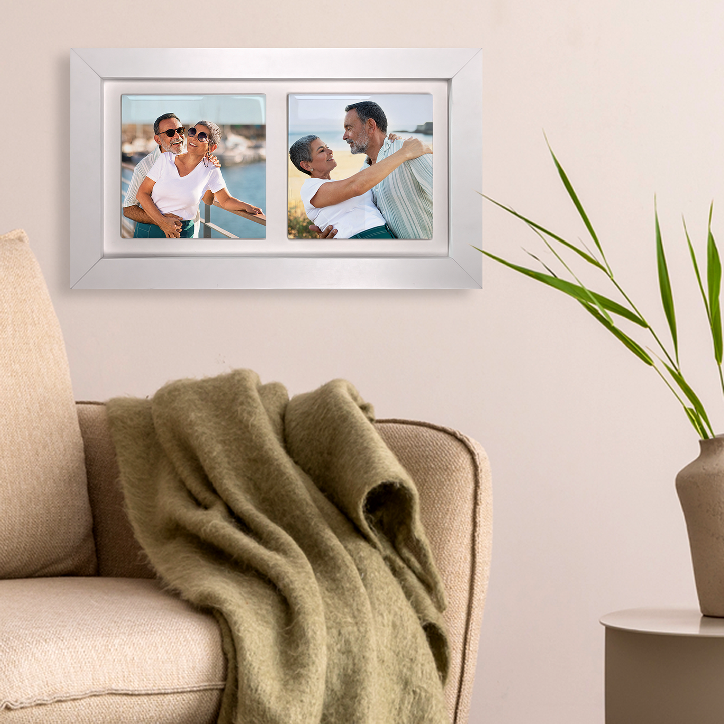 Family Portrait For Husband & Wife  – Personalised Ceramic Tiles in Landscape Frame
