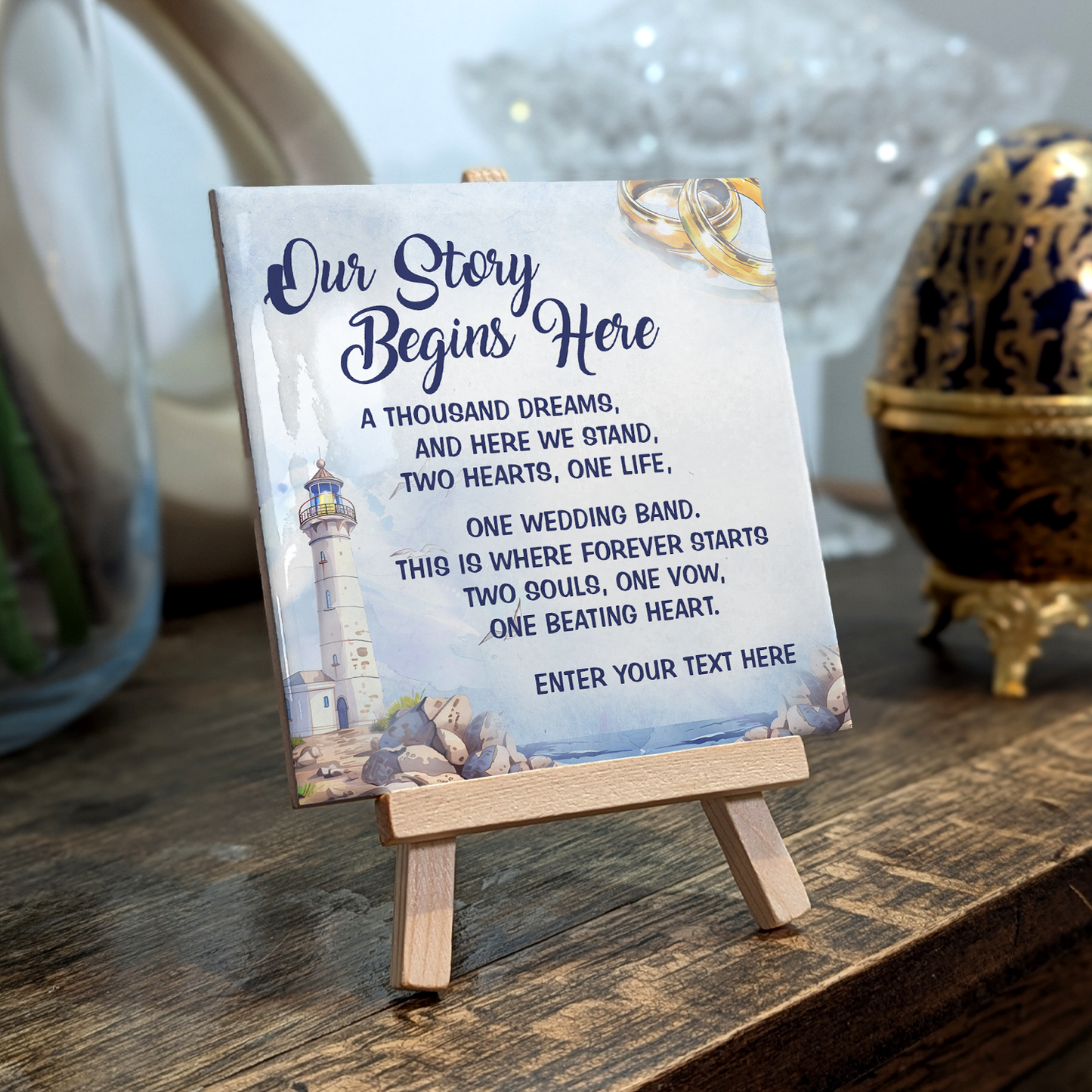 Our Story Begins Here – Personalised Ceramic Tile with Easel