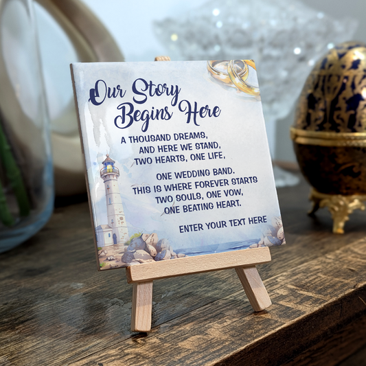 Our Story Begins Here – Personalised Ceramic Tile with Easel