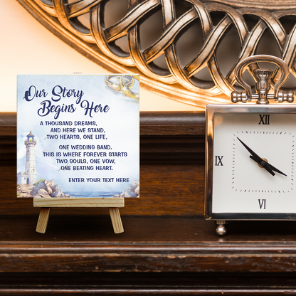 Our Story Begins Here – Personalised Ceramic Tile with Easel