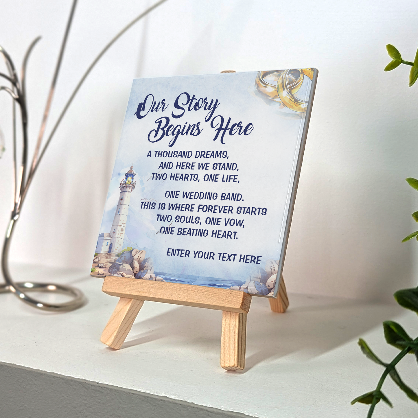 Our Story Begins Here – Personalised Ceramic Tile with Easel
