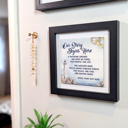 Our Story Begins Here  – Personalised Square Framed Ceramic Tile