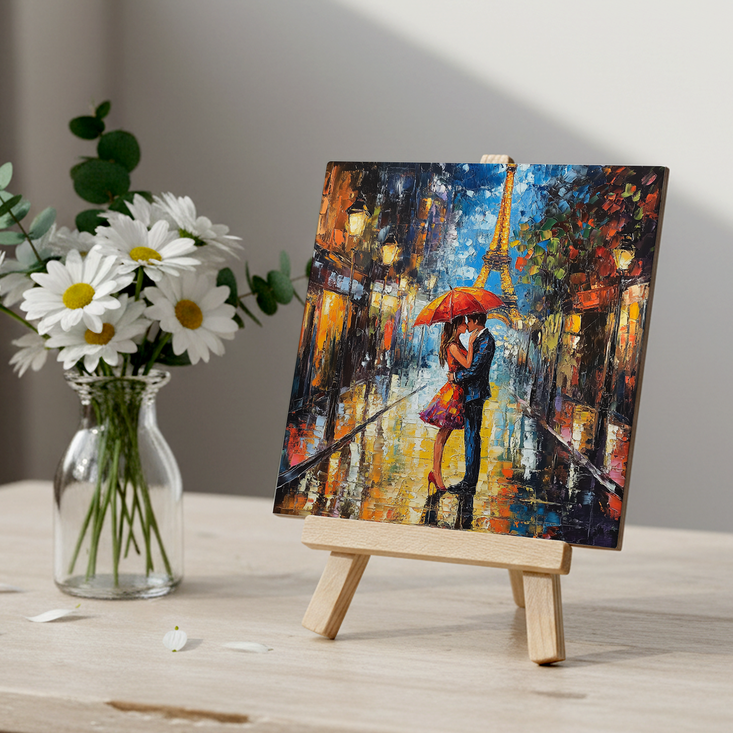 Parisian Rainfall Ceramic Art Tile with Easel