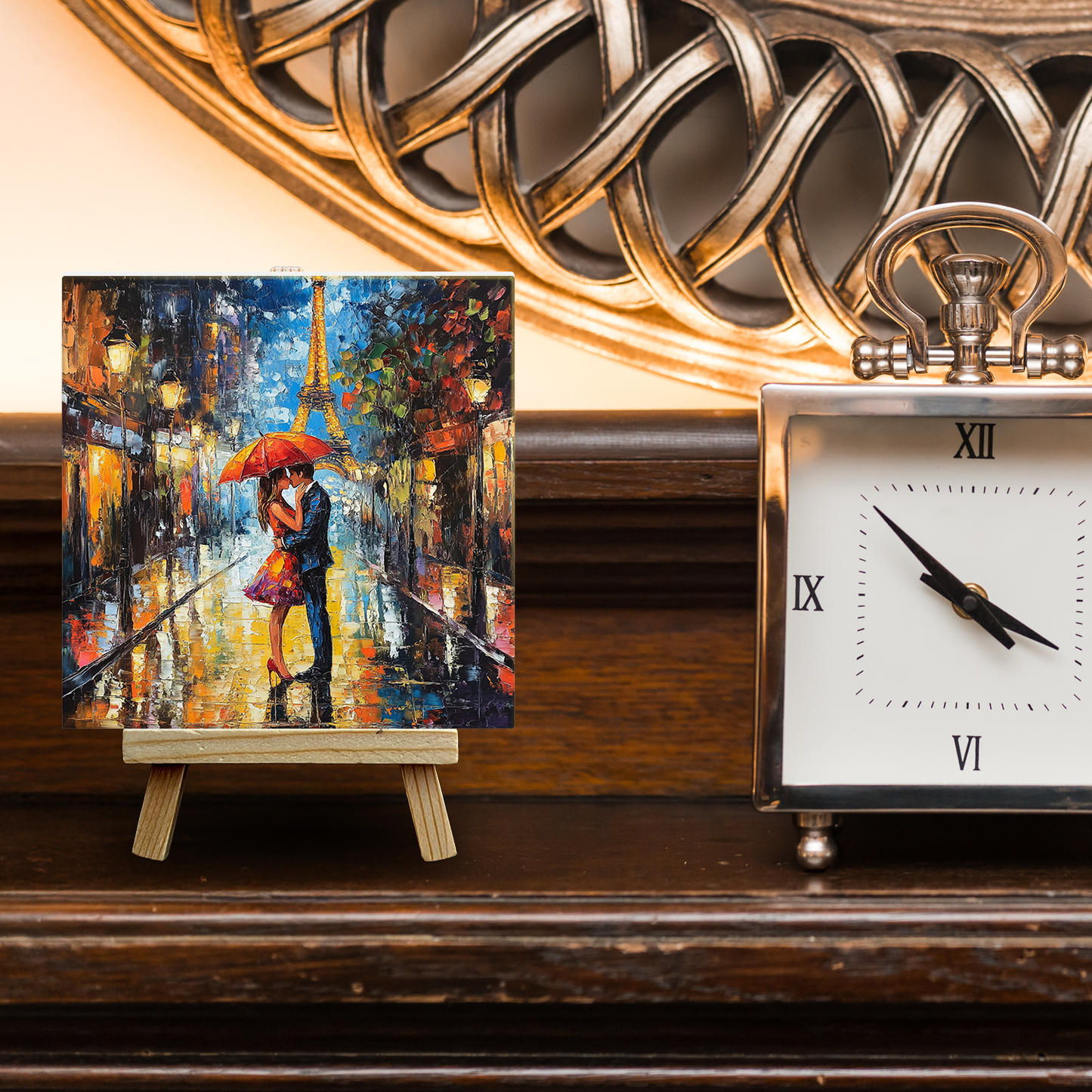 Parisian Rainfall Ceramic Art Tile with Easel