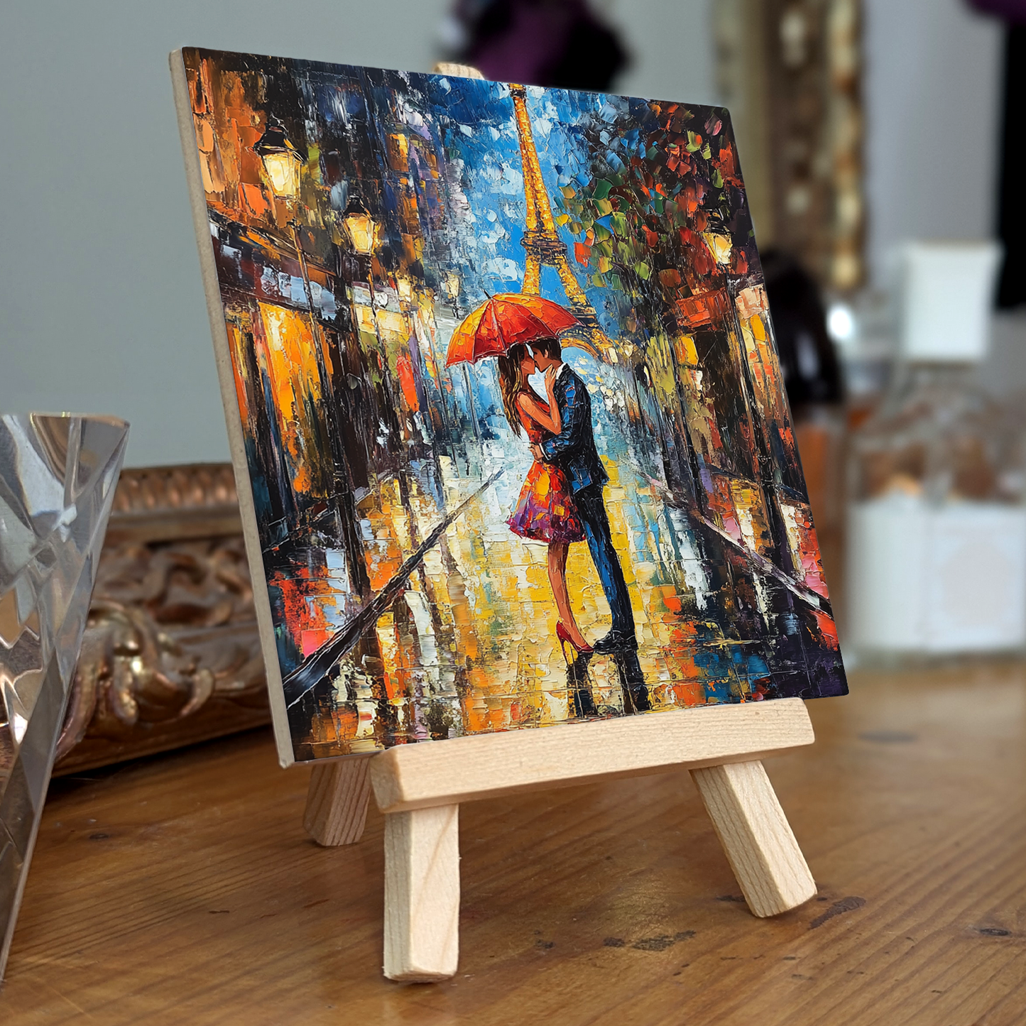 Parisian Rainfall Ceramic Art Tile with Easel