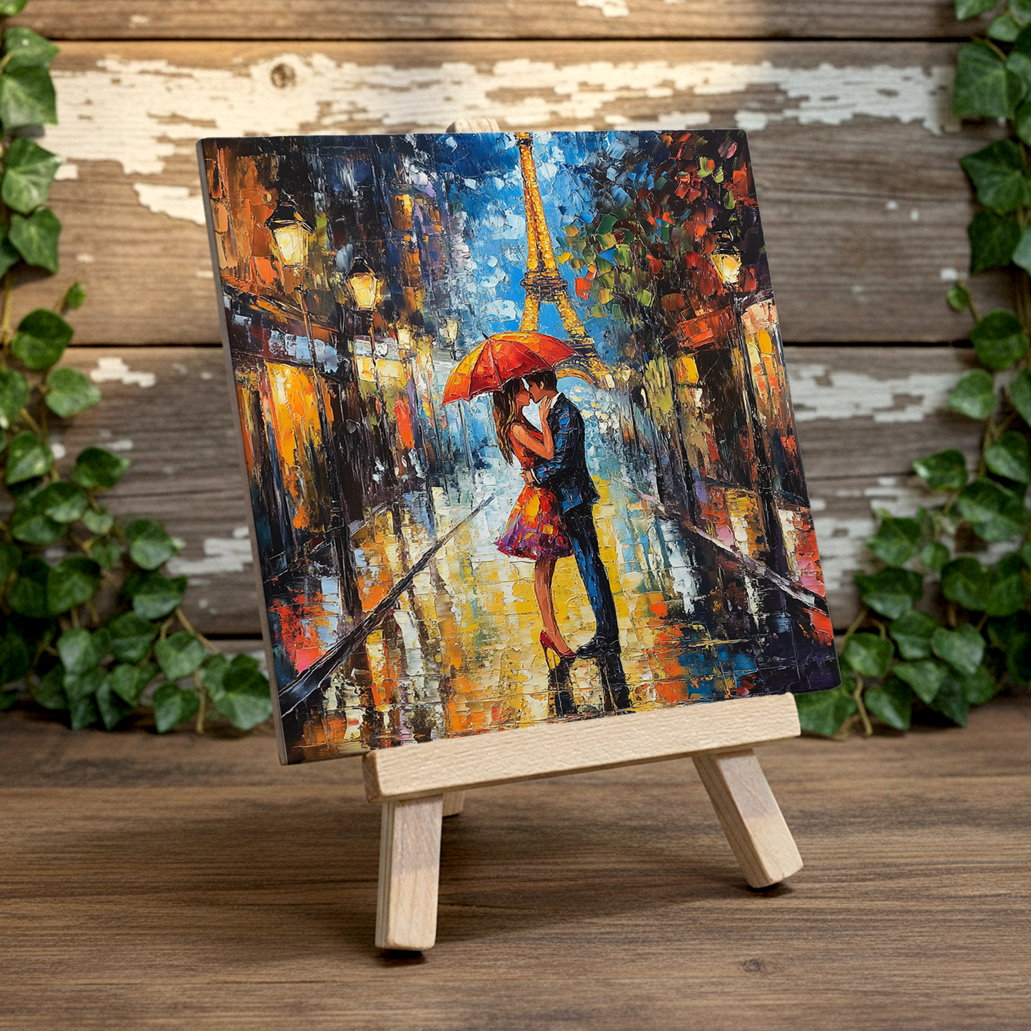 Parisian Rainfall Ceramic Art Tile with Easel