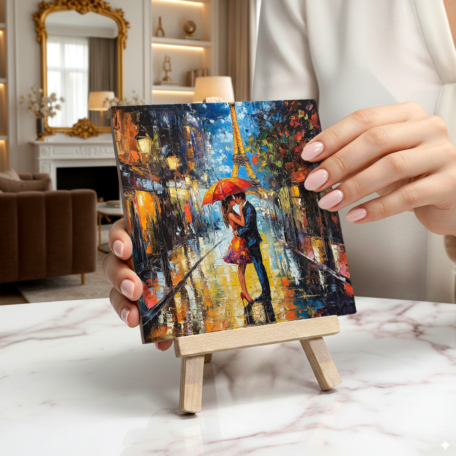 Parisian Rainfall Ceramic Art Tile with Easel