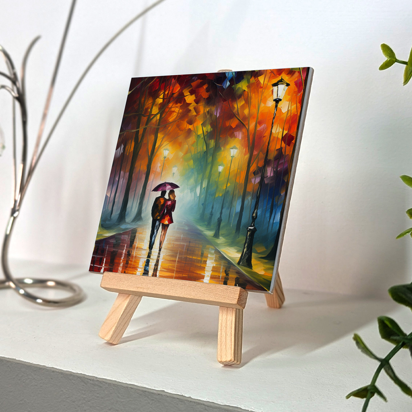 Autumn Stroll Ceramic Art Tile with Easel