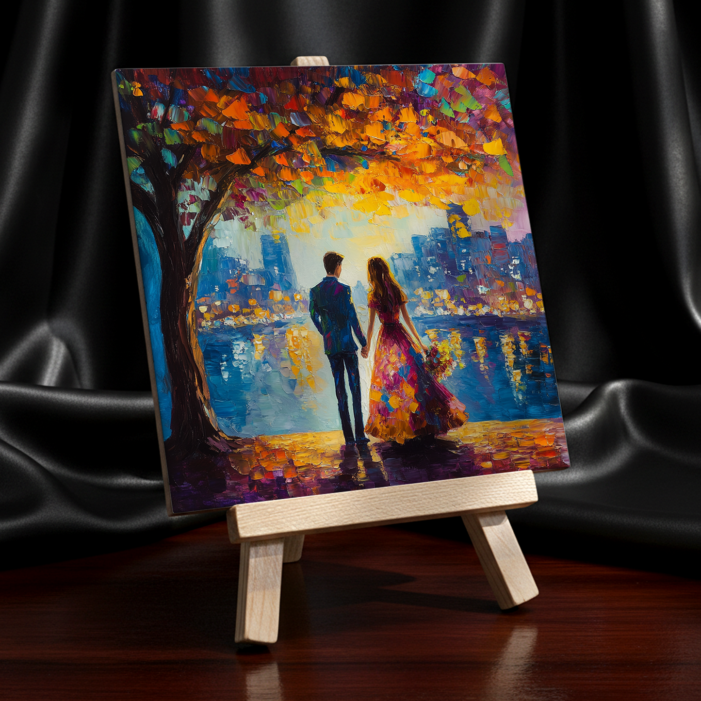 Twilight Reflections Ceramic Art Tile with Easel