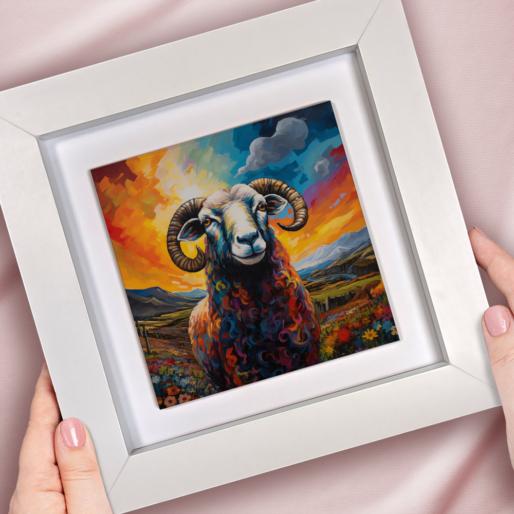Long Horned Sheep Framed Ceramic Art Tiles