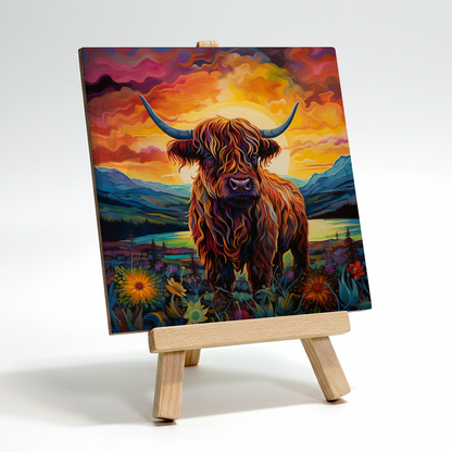 Highland Cow Ceramic Art Tile with Easel