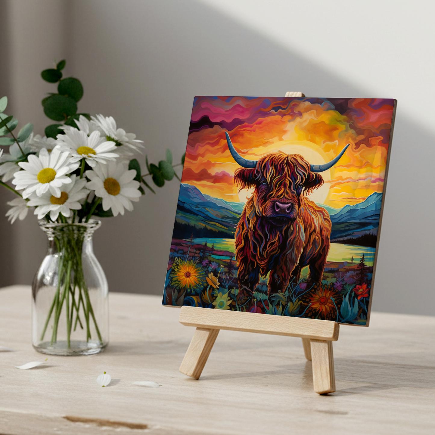 Highland Cow Ceramic Art Tile with Easel