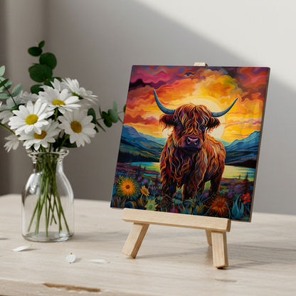 Highland Cow Ceramic Art Tile with Easel