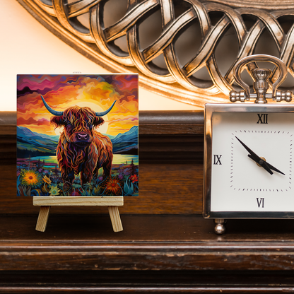 Highland Cow Ceramic Art Tile with Easel